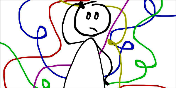Eine bunte kindliche Zeichnung einer Person, die sich verwirrt scheint und sich am Kopf kratzt.