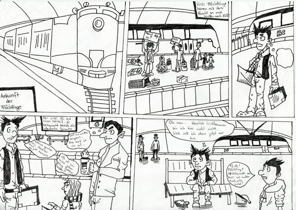 Eine Comic-Seite in Schwarz-Weiß, die Bahnhofsituationen zeigt.
