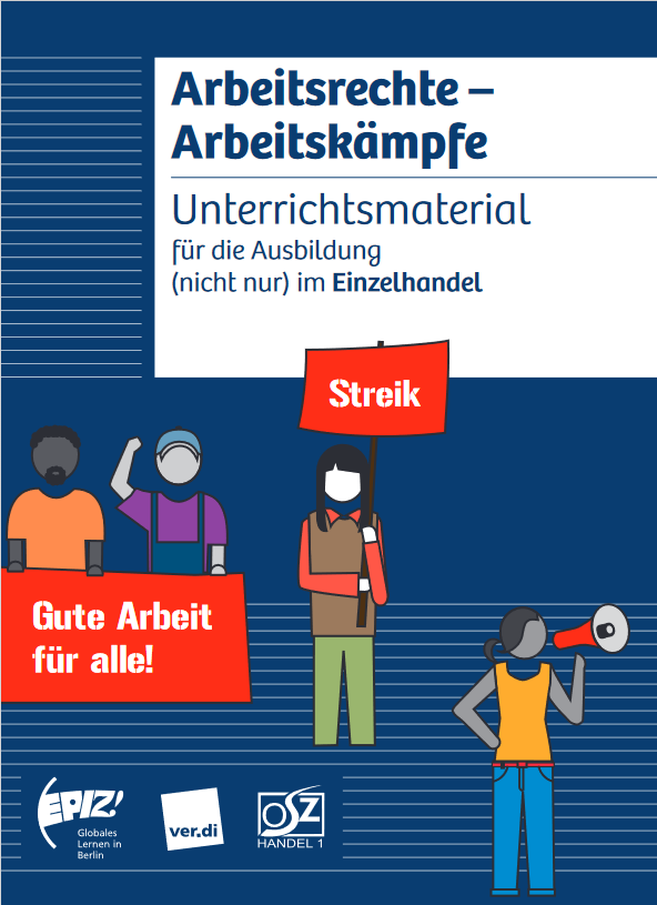 Das Cover der Broschüre "Aarbeitsrechte Arbeitskämpfe". Auf dunkelblauem Hintergrund eine Zeichnung von Menschen auf einem Streik. 