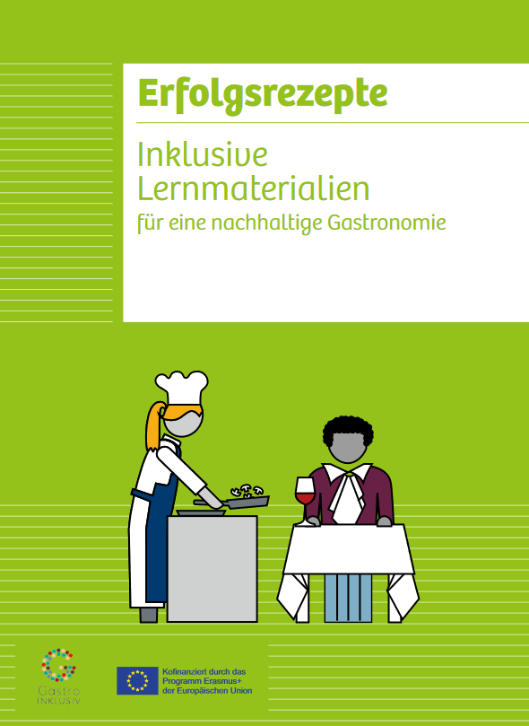 Das Cover des Unterrichtsmaterials "Erfolgsrezepte". Die Zeichung einer Restaurantsituation auf grünem Hintergrund.
