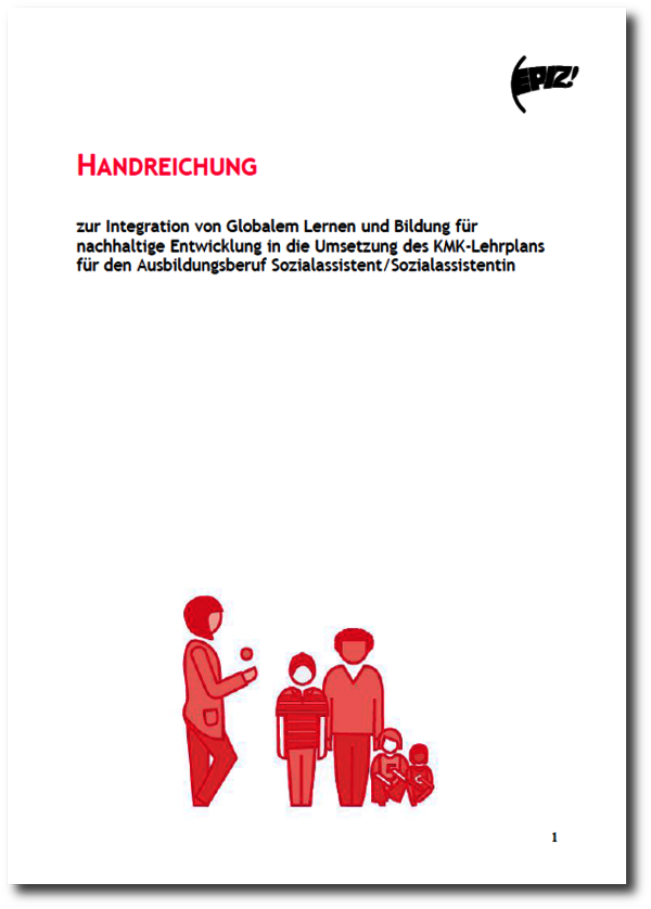 Das Cover der Handreichung zur Integration von Globalem Lernen. Eine Zeichnugn von Menschen unterschiedlichen Alters in Rottönen.