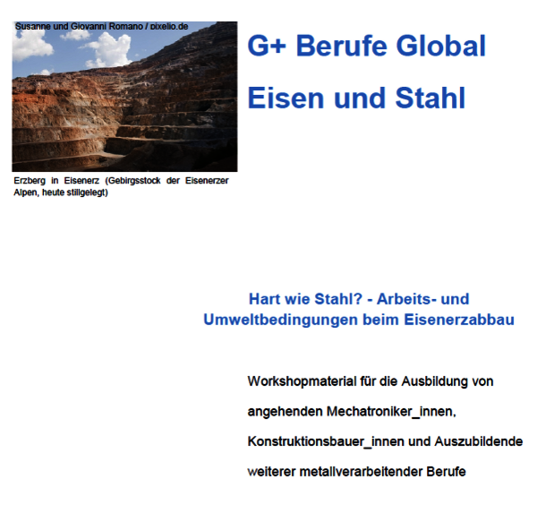  Das Cover von "Berufe Global Eisen und Stahl" in hellblauer Schrift auf weißem Hintergrund. Links ist ein Foto von einem Eisenerzabbaugebiet.