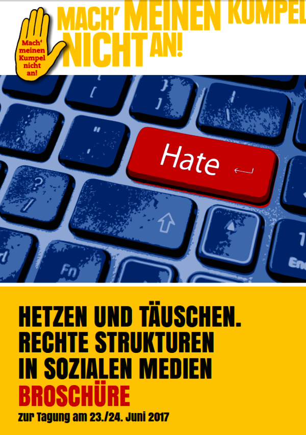 Das Cover der Tagungsdokumentation von "Hetzen und Täuschen" in Gelbtönen. Mittig ist ein Ausschnitt einer Tastatur zu sehen mit einer roten Enter-Taste, auf der Hate steht.