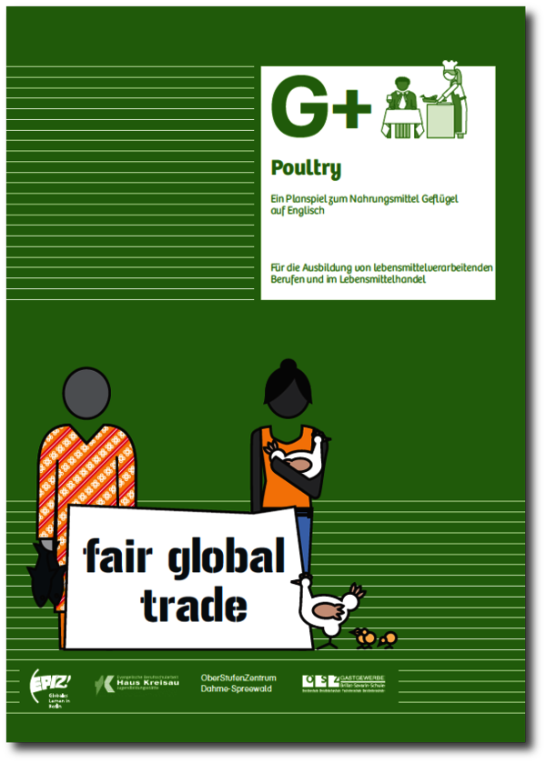 Das Cover von "Poultry" in grün. Eine Zeichnung von zwei Personen mit Hühnern und Fischen, die vor einem Schild stehen mit der Aufschrift: fair global trade.