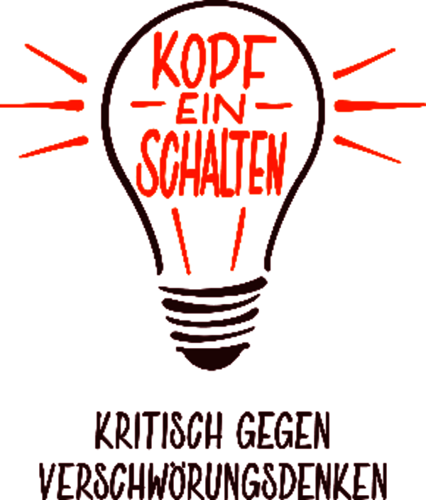 Das Logo des Projekts "Kopf einschalten - Kritisch gegen Verschwörungsdenken". In einer gezeichneten Glühbirne in braum und orange steht in Großbuchstaben Kopf-ein-schalten.
