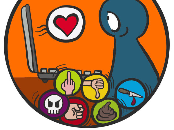 Eine Illustration in bunten farben einer figur, die vor einem PC-Bildschrim sitzt. Im Vordergrund sind kreisförmig mehrere bunte Symbole, beispielsweise eine Hand, die einen Mittelfinger zeigt, einen Daumen runter usw. 