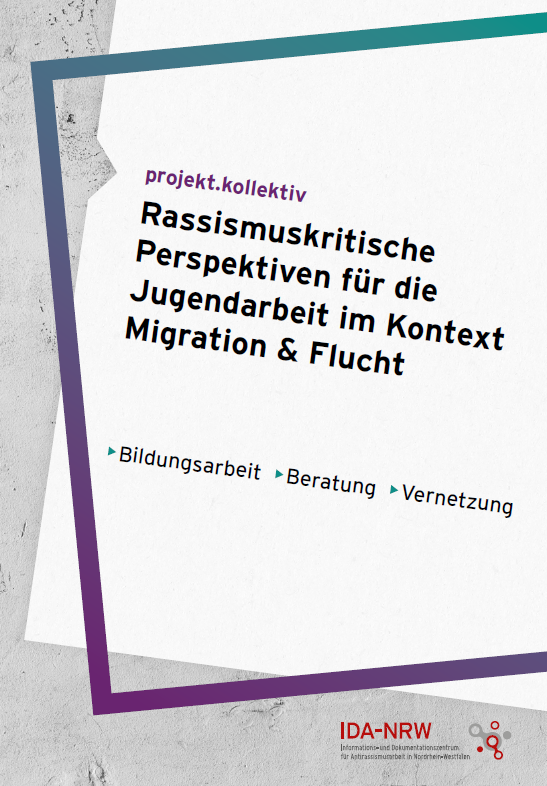 Der Titel "projekt.kollektiv - Rassismuskritische Perspektiven für die Jugendarbeit im Kontext Migration und Flucht" auf weißem Hintergrund. Darum ein trükis-lilaner Rahmen.