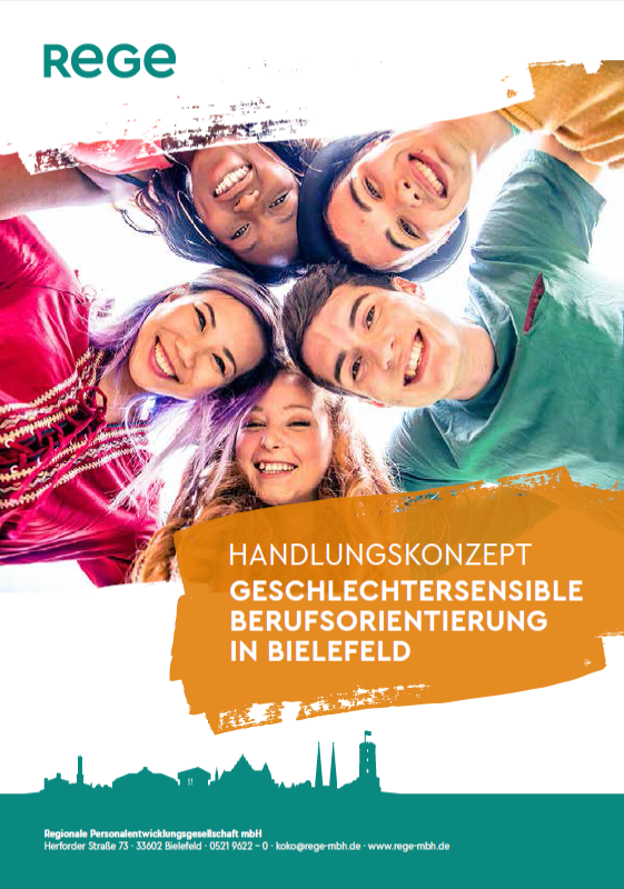 Das Cover der Broschüre "Geschlechtersensible Berufsorientierung in Bielefeld". Ein Foto von fünf jungen Menschen aus der Froschperspektive, die in die Kamera lachen. 