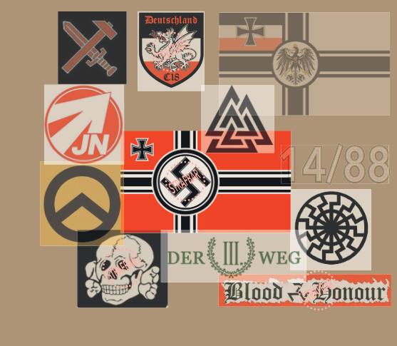 Das Cover von Kennzeichen und Symbole der Rechtsextremisten mit verschiedenen rechtsextremen Symbole auf braunem Hintergrund.