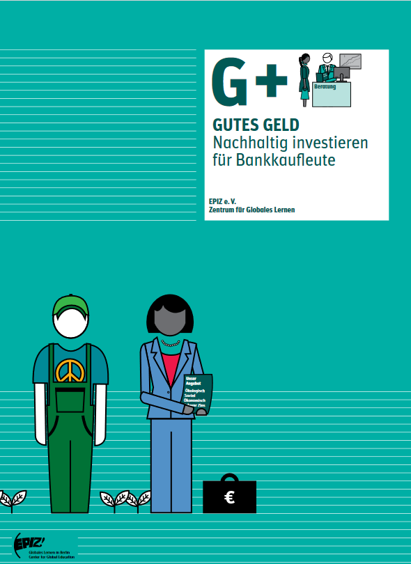 Das türkises Cover von "Gutes Geld". Eine Zeichnung von zwei Business-Menschen.