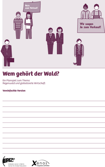Das Cover von "Wem gehört der Wald?" in dunkelroter Schrift auf weißem Hintergrund. Im oberen Drittel sind gezeichnete Figuren, die Business- oder Demonstrationssituationen darstellen.