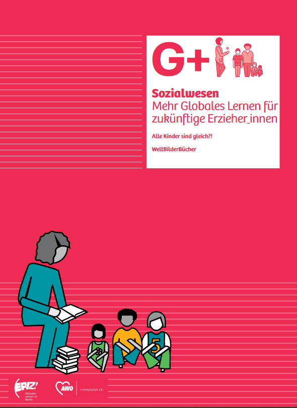 Das Cover des Unterrichtsmaterials "Sozialwesen". Eine Zeichnung einer Alltagssituation aus dem Kindergarten auf rotem Hintergrund.
